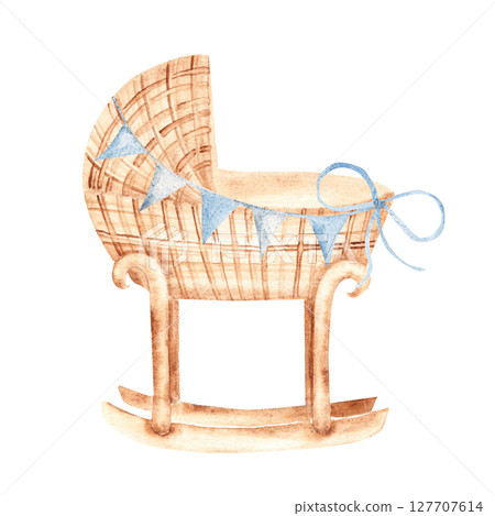 Baby Boy cradle from rattan with Bunting Party blue Flags, Garland in Vintage style isolated on a white background. Hand drawn Watercolor Crib illustration in eco style. Children's accessory for Baby Boy cradle from rattan with Bunting Party blue Flags, Garland in Vintage style isolated on a white background. Hand drawn Watercolor Crib illustration in eco style. Children's accessory for 127707614