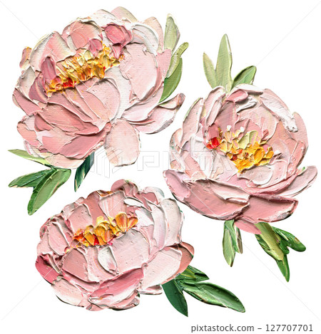 Three pink peonies impasto oil painting with palette knife texture for romantic floral wall decor and printable art Three pink peonies impasto oil painting with palette knife texture for romantic floral wall decor and printable art 127707701