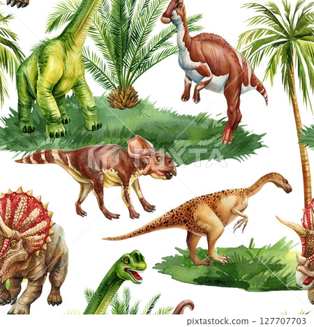 Watercolor seamless pattern with various dinosaurs palm trees and prehistoric plants wildlife background Trendy textile print Watercolor seamless pattern with various dinosaurs palm trees and prehistoric plants wildlife background Trendy textile print 127707703