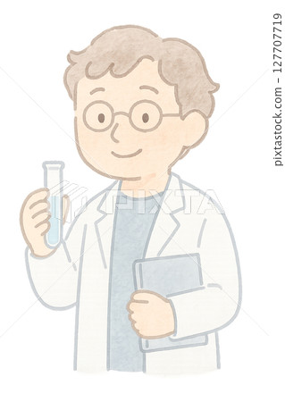 一位男性研究員拿著試管和平板電腦的水彩插圖PNG透明背景資料 一位男性研究員拿著試管和平板電腦的水彩插圖PNG透明背景資料 127707719
