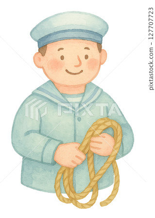 拿著繩索的男水手的水彩插圖PNG透明背景材料 127707723