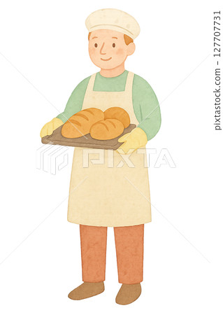 Full-body watercolor illustration of a male baker holding bread PNG transparent background material 127707731