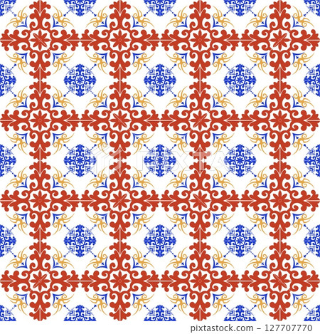 Mediterranean floral seamless pattern of blue red and yellow tiles. Ethnic mosaic design of Portuguese, Italian, Spanish decorative motifs. Ornament for home textile or ceramic. Vector illustration Mediterranean floral seamless pattern of blue red and yellow tiles. Ethnic mosaic design of Portuguese, Italian, Spanish decorative motifs. Ornament for home textile or ceramic. Vector illustration 127707770
