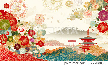 富士山與日式圖案的華麗新年插畫 | 花卉圖案與日式風景的日式背景 127708088