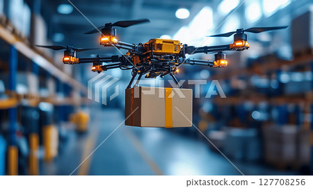 A drone carrying a box inside a warehouse or logistics center. Automation, delivery, and innovative technologies. 127708256