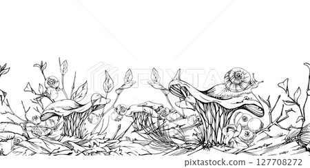 Golden chanterelle girolle mushroom snail, blackberry cranberry twigs, pine needles bark moss lichen growth. Fungus seamless banner header hand drawn in vector ink. Wild food, farmers market packaging 127708272