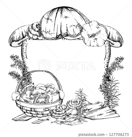 Basket of picked mushrooms on bark with moss lichen growth, horsetail stalks. Copy space frame hand drawn in vector ink. Fungi forest harvest, edible raw ingredient for vegan cooking, menu label cards 127708273