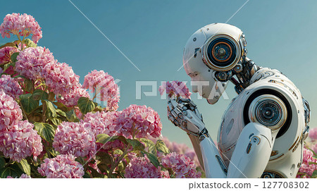 A robot with human features and a futuristic design, holding a branch with blooming pink hydrangeas. A harmony between technology and nature. A robot with human features and a futuristic design, holding a branch with blooming pink hydrangeas. A harmony between technology and nature. 127708302