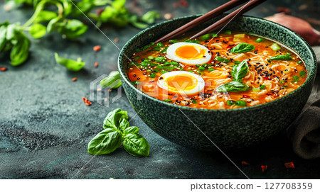 A bowl of delicious and aromatic ramen, garnished with half-boiled eggs, fresh basil leaves, and black sesame seeds. A bowl of delicious and aromatic ramen, garnished with half-boiled eggs, fresh basil leaves, and black sesame seeds. 127708359