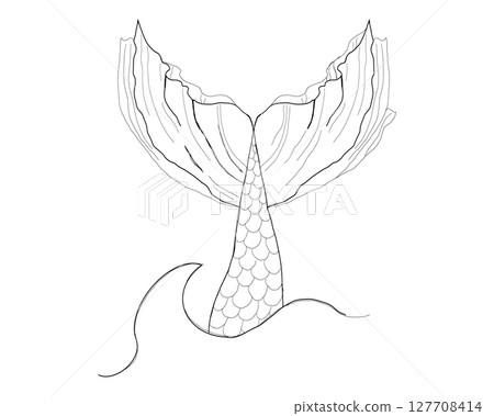 Geometric mermaid tail silhouette in fine line tattoo style. Minimalist ocean icon with underwater and fairy tale feel. Vector design for skin art or mythology themes Geometric mermaid tail silhouette in fine line tattoo style. Minimalist ocean icon with underwater and fairy tale feel. Vector design for skin art or mythology themes 127708414