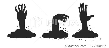 Scary monster hand emerging from the ground. Halloween-themed vector silhouette for horror designs.Evil undead hand silhouette clawing from the grave. Halloween graphic element Scary monster hand emerging from the ground. Halloween-themed vector silhouette for horror designs.Evil undead hand silhouette clawing from the grave. Halloween graphic element 127708434