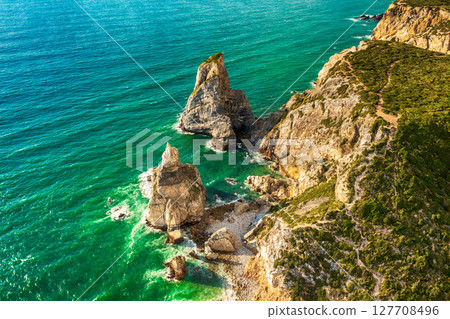 Praia da Ursa beach, Sintra-Cascais Natural Park, Portugal, cliffs in the sea Praia da Ursa beach, Sintra-Cascais Natural Park, Portugal, cliffs in the sea 127708496
