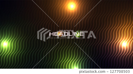 Shiny green orange glowing neon linear waves abstract background 127708503