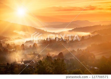 Morning mountain landscape, autumn seasonal background, amazing sunrise Morning mountain landscape, autumn seasonal background, amazing sunrise 127708571
