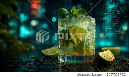 Refreshing drink in a tall glass with lime slices and mint. The background is dark with digital lines reminiscent of cyberspace or digital themes. 127708582