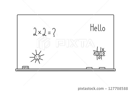 School blackboard with chalk, eraser and cute text imitating kids writing, hand drawn outline illustration back to school concept, chalkboard classroom accessory design element 127708588