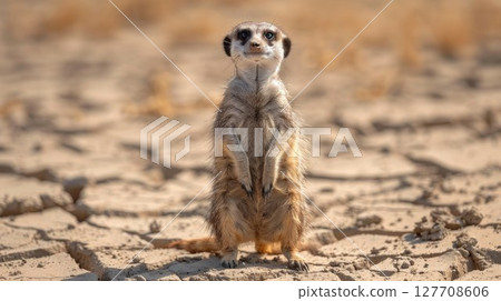 A rodent meerkat stands straight on cracked ground looking for food or a source of water. Cracked ground due to severe drought. Global warming 127708606