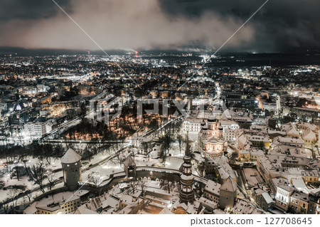 Aerial night View of Tallinn in winter with Alexander Nevsky Cathedral, roofs with snow, Christmas mood Aerial night View of Tallinn in winter with Alexander Nevsky Cathedral, roofs with snow, Christmas mood 127708645