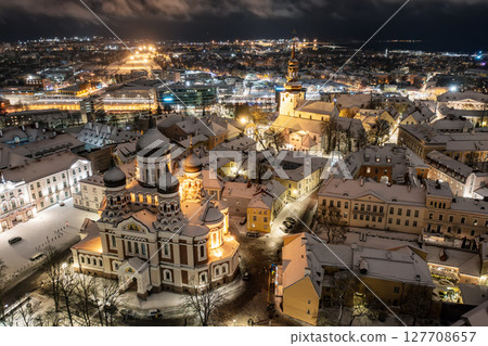 Aerial night View of Tallinn in winter with Alexander Nevsky Cathedral, roofs with snow, Christmas mood 127708657