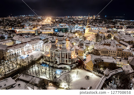 Aerial night View of Tallinn in winter with Alexander Nevsky Cathedral, roofs with snow, Christmas mood Aerial night View of Tallinn in winter with Alexander Nevsky Cathedral, roofs with snow, Christmas mood 127708658