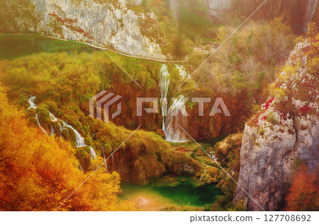 Autumn colors and waterfalls of Plitvice National Park in Croatia, seasonal colorful background Autumn colors and waterfalls of Plitvice National Park in Croatia, seasonal colorful background 127708692