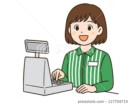 一位年輕女性便利商店店員練習收銀操作的插圖 127708710
