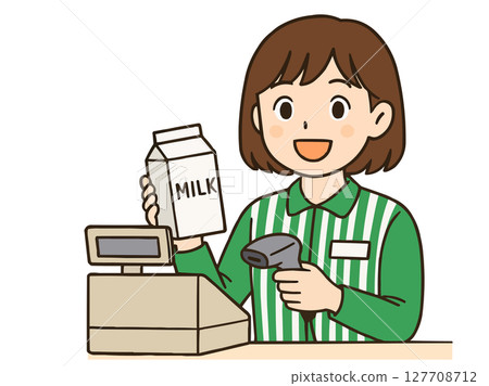 一位年輕的女性便利商店店員在收銀台工作的插圖 一位年輕的女性便利商店店員在收銀台工作的插圖 127708712
