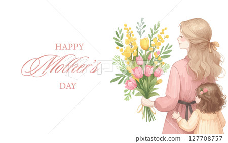 Happy Mother's Day banner, greeting card, poster, background, vector illustration with beautiful blossom flowers, mom and daughter. 127708757