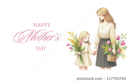 Happy Mother's Day banner, greeting card, poster, background, vector illustration with beautiful blossom flowers, mom and daughter. 127708760