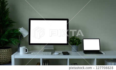 Computer monitor and tablet with blank screens, surrounded by plants and minimal accessories 127708828