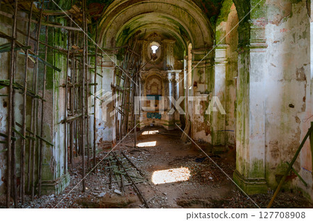 Devastation in abandoned Dominican Church of St. Anthony in the agrotown of Knyazhitsy, Mogilev region, Belarus 127708908