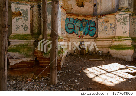 Devastation in abandoned Church of St. Anthony in agrotown of Knyazhitsy, Mogilev region, Belarus 127708909