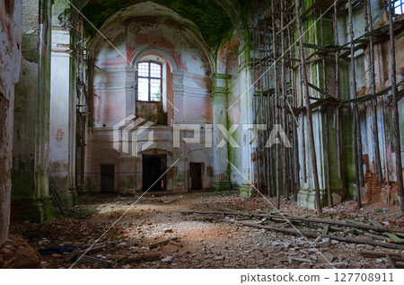 Devastation in abandoned Church of St. Anthony in the agrotown of Knyazhitsy, Mogilev region, Belarus 127708911