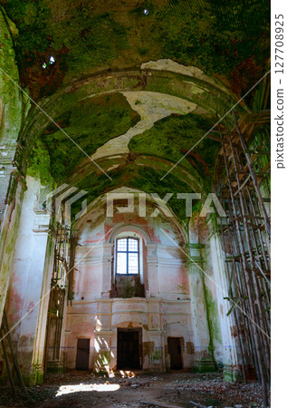 View inside abandoned Church of St. Anthony in the agrotown of Knyazhitsy, Mogilev region, Belarus 127708925