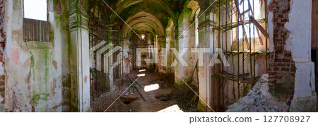 Devastation in abandoned Dominican Church of St. Anthony in agrotown of Knyazhitsy, Mogilev region, Belarus 127708927