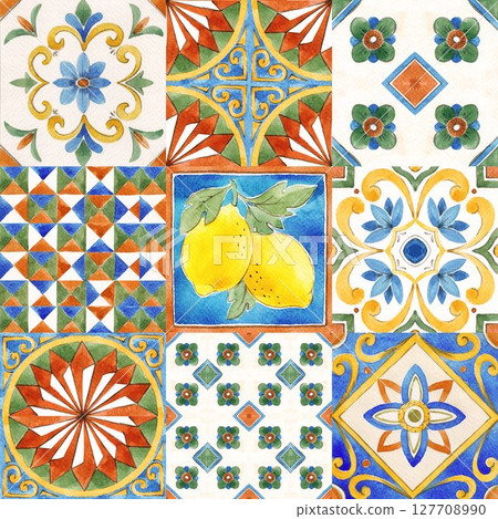 Watercolor tile collage with Mediterranean motifs and a lemon. Bright ceramic patchwork design for kitchen, textile, packaging or wall art. 127708990