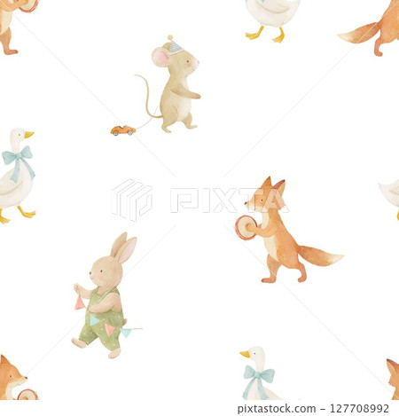 Seamless watercolor pattern with cute bunny, duck, mouse, and fox in pastel tones. Perfect for baby textiles, nursery decor, wrapping paper, and children's illustrations. 127708992