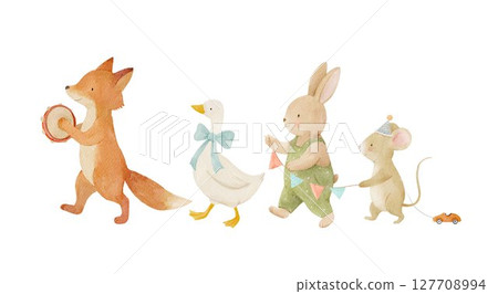 Watercolor parade of cute forest animals with balloons and instruments, perfect for nursery art, baby shower invitations, and kids' party decor. Adorable illustration Watercolor parade of cute forest animals with balloons and instruments, perfect for nursery art, baby shower invitations, and kids' party decor. Adorable illustration 127708994