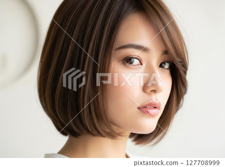 Indoor portrait of a woman with brown, straight, inward-curling bob hair, looking at the camera with a calm expression and a beautiful sideways glance 127708999