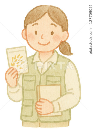 手持種子和筆記本的女性稻米研究員的水彩插圖PNG透明背景素材 127709035