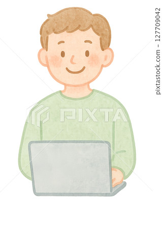 男性程式設計師使用筆記型電腦的水彩插圖PNG透明背景素材 127709042