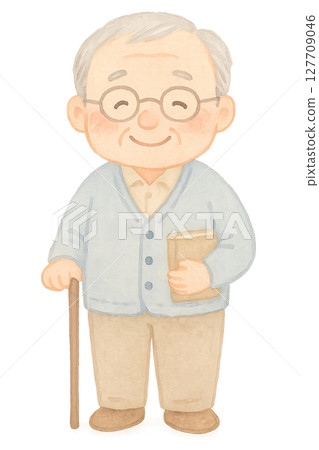 Watercolor illustration of an elderly man holding a cane and a book PNG transparent background material 127709046
