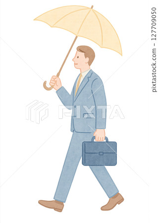 一位男性商人撐著傘行走的全身水彩插圖PNG透明背景素材 127709050