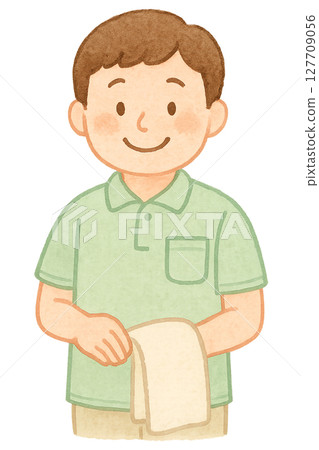 Watercolor illustration of a male caregiver holding a towel PNG transparent background material 127709056