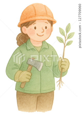 手持斧頭和樹苗的女林業工人水彩插圖PNG透明背景素材 127709060