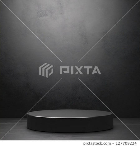 Minimalist Round Black Pedestal on Textured Dark Background. Generative AI Minimalist Round Black Pedestal on Textured Dark Background. Generative AI 127709224