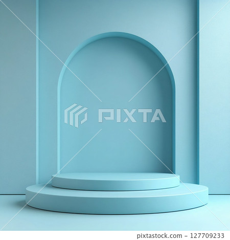 Minimalist Two-Tiered Light Blue Pedestal with Arched Niche. Generative AI 127709233