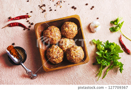 Beef meatballs. Cooking raw beef meatballs Beef meatballs. Cooking raw beef meatballs 127709367