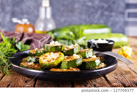 Tasty fried zucchini slices on a plate Tasty fried zucchini slices on a plate 127709377