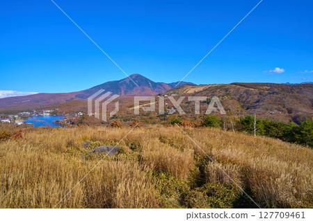 從長野縣白樺湖展望台眺望的蓼科山和白樺湖的秋景 127709461